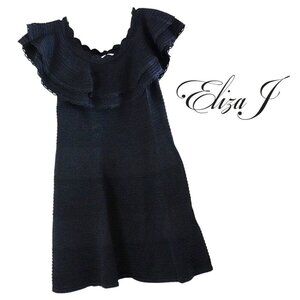 Eliza J, Double Ruffle Scallop Ribbed Sheath Dress, Black